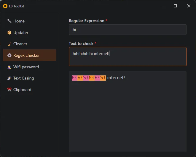 A screenshot from the Regex tab